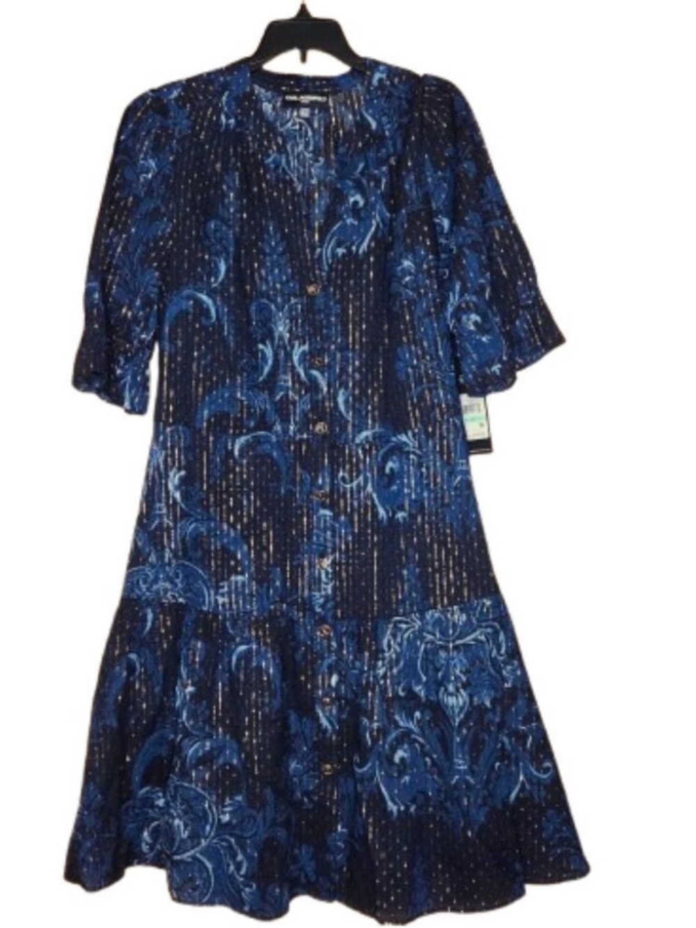 Karl Lagerfeld Black and Navy Floral Midi Dress with Chain Belt - Picture 2 of 9